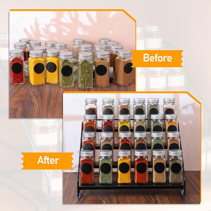 4 Tier Spice Rack for Cabinet, Step Adjustable Spice Shelf, Metal Step Spices Storage Holder with Protection Railing, Seasoning Organizer for Countertop, Cupboard, Pantry