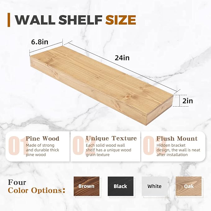 24x6.8x2 Inch Rustic Floating Shelves for Wall Set of 2 - Oak Solid Wood Wall Mounted Shelves with Invisible Bracket, Extended Design for Farmhouse Living Room Bedroom Kitchen Decor