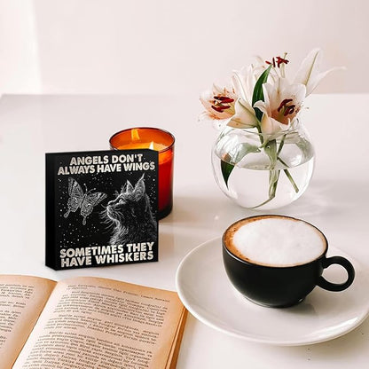Black Cat Themed Gifts Wood Box Sign, Angels Don't Always Have Wings Sometimes They Have Whiskers, Woods Table Decorative Signs for Office Home Tabletop Shelf Decoration, Cat Lovers Gift for Women