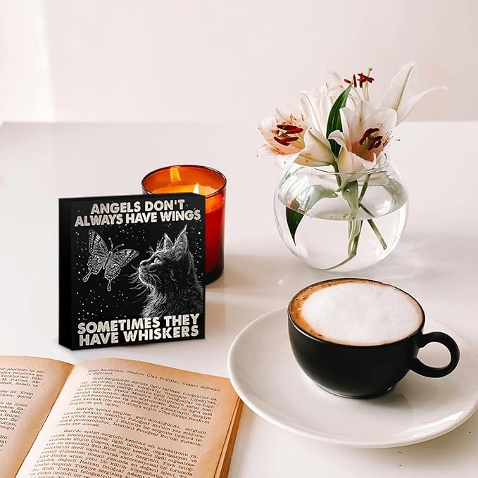Black Cat Themed Gifts Wood Box Sign, Angels Don't Always Have Wings Sometimes They Have Whiskers, Woods Table Decorative Signs for Office Home Tabletop Shelf Decoration, Cat Lovers Gift for Women