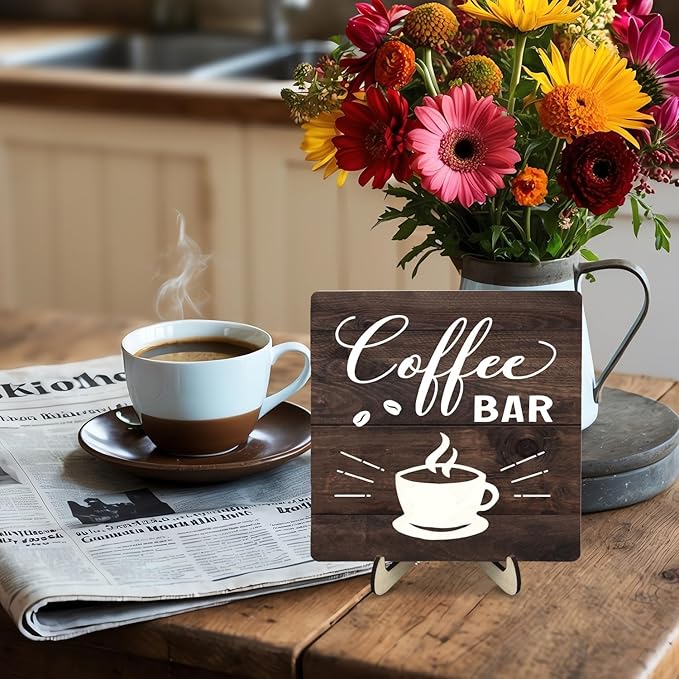 Funny Coffee Bar Decor Sign – Rustic Wooden Plaque for Coffee Station, Farmhouse Cafe Shelf Accessories, Desk or Kitchen Counter Decor,Birthday,Mother Day Gift 5.9 x 5.9 Inch (Brown)