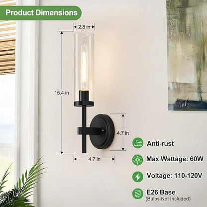 Wall Sconces Set of Two, Matte Black Bathroom Sconces with Clear Glass, Hardwired Sconces Wall Decor Set of 2, Modern Wall Light Fixtures for Bathroom Mirror Living Room Bedroom Hallway