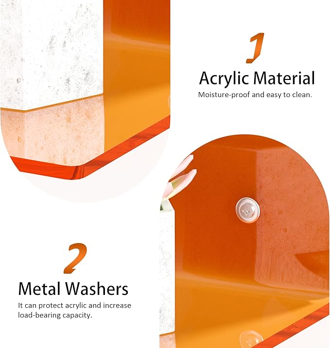 6 Inches Small Orange Wall Shelves Set of 2, Wall Mounted Display Shelf Rack for Bedroom, Living Room, Smart Speaker, Clock, Decoration, 2 Pack