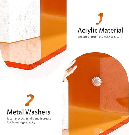 15 Inches Orange Acrylic Wall Shelves 2 Pack, L Shape Floating Shelf, Perspex Wall Mounted Shelves for Home Décor, Model Car, Candle, Calendar, Towel, Tissue