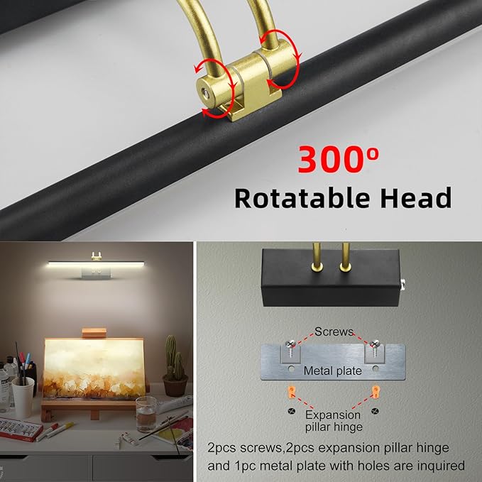 Picture Light,Picture Lights for Wall Cordless,16" Picture Lights with Timer and Dimmable,Battery Wall Lights for Display Gallery Painting Art Frame Portrait-BK+GD