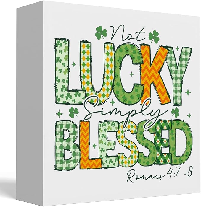 Not Lucky Simply Blessed Funny St Patricks Day Shamrock Decor Desk Decor Wooden Box Sign St Patricks Day Decorations Irish Blessing Wood Block Plaque Box Sign for Home Decoration