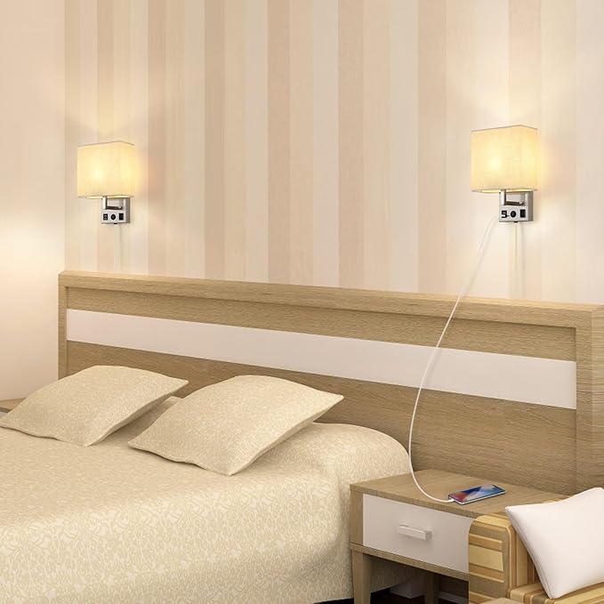 Black Wall Sconces Set of Two, Bedside Wall Lights for Bedroom, Plug in Wall Sconce with USB Ports and Outlets, Modern Wall Lamp for Mirror Kitchen Living Room Hallway, E26 Base (LED Bulbs Included)