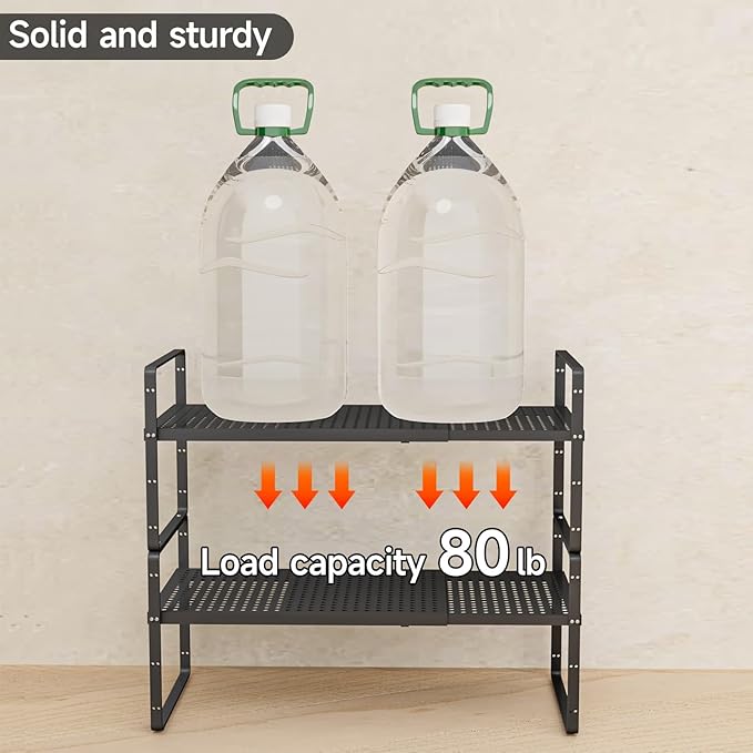16.5-27’’L Expandable Cabinet Countertop Shelf Organizer, Stackable Metal Shelves, Kitchen Organizers and Storage, Black Storage Spice Rack for Pantry and Cupboard
