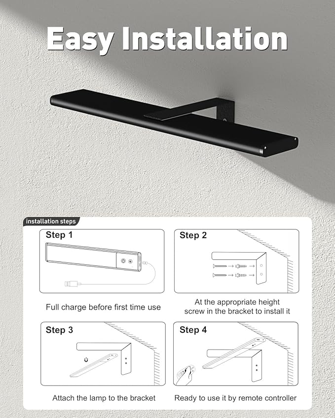 Diomart Picture Lights for Wall, 12'' Dimmable Remote LED Art Light with 15 Color Temps, USB-C Rechargeable Battery Picture Light Wireless, Timer, for Paintings, Canvas, Photos, Bedroom（Black） ﻿