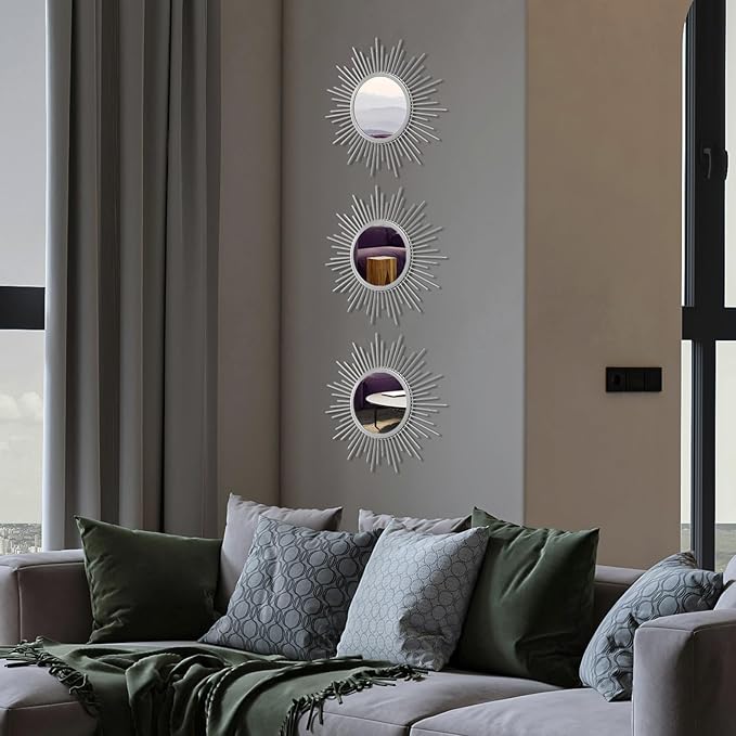 Cityelf 3 Set Sunburst Mirrors for Wall Decorative Metal Mirrors Small Mirror Sets Decor Hanging Mirror Wall Sculpture for Bedroom Living Room Entryway