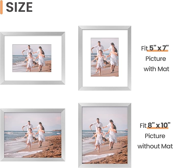 upsimples 8x10 Picture Frame Set of 5, Display Pictures 5x7 with Mat or 8 x 10 Withou, Wall Gallery Photo Frames, Silver