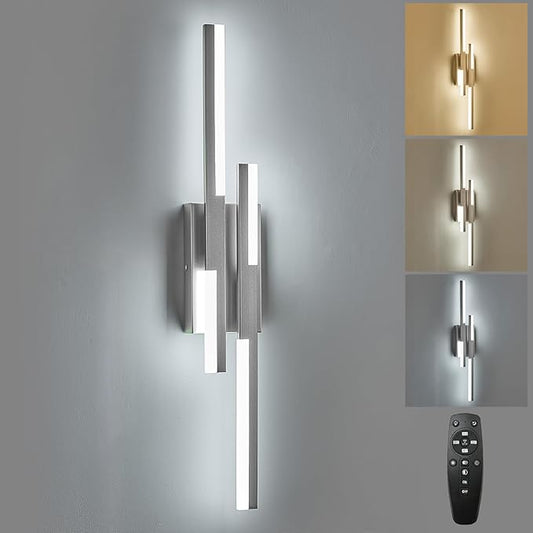 Modern LED Wall Sconce Silver Remote Wall Light Fixtures for Bathroom, Dimmable Vanity Light Indoor LED Remote Wall Sconce for Bedside Bedroom Living Dining Room (27.6inch 3000-6500K 1 Pack)