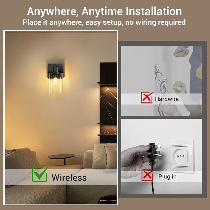 Kimjo Battery Operated Wall Sconce Set of 2 with Remote, Rechargeable Wireless Wall Lights with Dimmable Bulb and Glass Shade, Wall Decor for Bedroom Bathroom Hallway