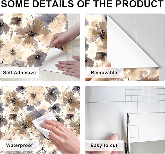 Floral Peel and Stick Wallpaper, Purple Watercolor Flower Contact Paper Peel and Stick for Bedroom Bathroom, Brown Vintage Removable Waterproof Self Adhesive Wall Paper 393"X17.3"(48.5 sq.ft)