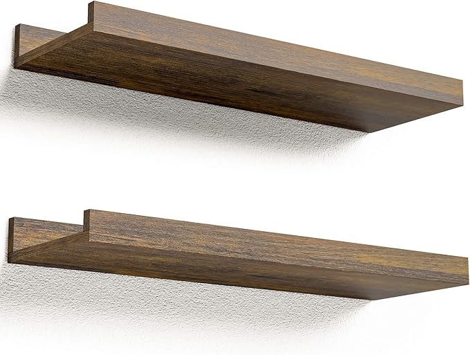 Floating Shelves for Wall, Wall Mounted Shelves Set of 2, Rustic Shelves with Lip, Display Picture Ledge Shelf for Wall Decor Living Room Bathroom Kitchen - Brown