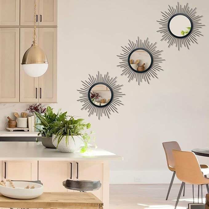 Cityelf 3 Set Black Mirrors for Wall Decor Metal Mirrors Small Mirror Sets Hanging Mirror Wall Sculpture for Bedroom Living Room Entryway