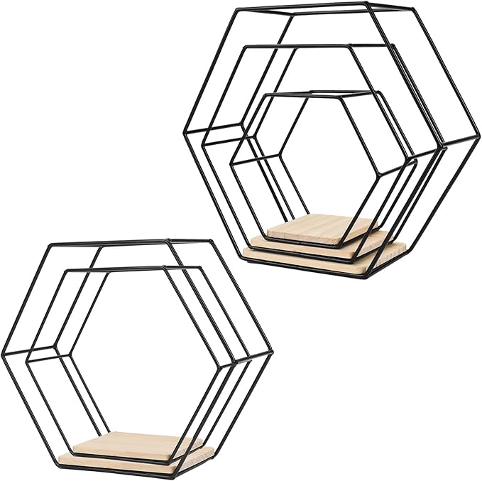 Wall Mounted Hexagonal Floating Shelves Black Set of 5 in Different Sizes, Modern Metal Shelf, Simple Wood Partition Storage Shelves, Decor Rack for Bedroom, Living Room, Kitchen and Office