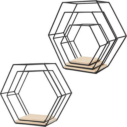 Wall Mounted Hexagonal Floating Shelves Black Set of 5 in Different Sizes, Modern Metal Shelf, Simple Wood Partition Storage Shelves, Decor Rack for Bedroom, Living Room, Kitchen and Office