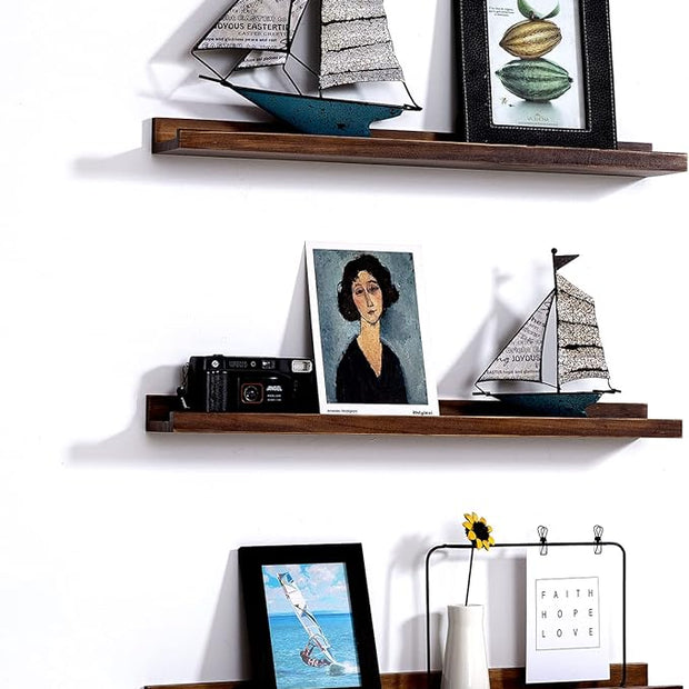 AZSKY 24 Inch Floating Shelves Rustic Wood Wall Shelf Deep Dark Walnut Floating Shelves a Set of 3 Hanging Narrow Picture Photo Ledge Shelves Wall Mounted Bathroom Bedroom Kitchen Office Décor