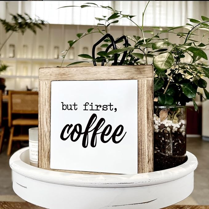 But First Coffee Decor Set - Wooden Box Signs for Home, Kitchen & Dining Room - Rustic Tabletop Decor for Coffee Lovers
