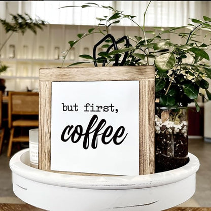 But First Coffee Decor Set - Wooden Box Signs for Home, Kitchen & Dining Room - Rustic Tabletop Decor for Coffee Lovers