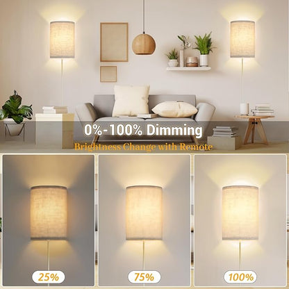 Wall Sconce Light Plug in, Dimmable Sconces Wall Decor Set of 2, Stick on Wall Lights for Bedroom Living Room Hallway, Plug in Wall Sconces with Remote, LED Bulbs Included