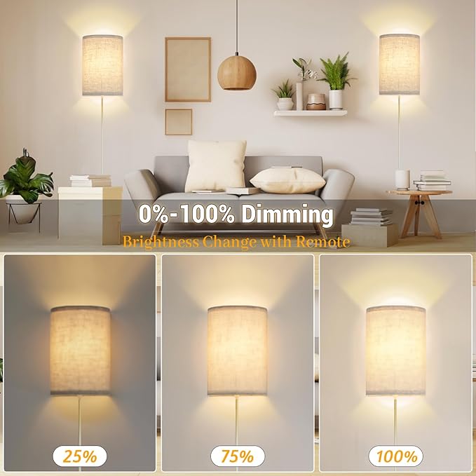 Wall Sconce Light Plug in, Dimmable Sconces Wall Decor Set of 2, Stick on Wall Lights for Bedroom Living Room Hallway, Plug in Wall Sconces with Remote, LED Bulbs Included