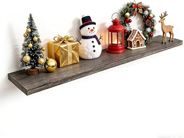 Fun Memories Floating Shelves for Wall, 55"x9.3" Rustic Solid Elm Wood Shelves, Heavy-Duty Wall Mounted Shelves with Invisible Brackets for Living Room, Bedroom, Kitchen, Grey Finish