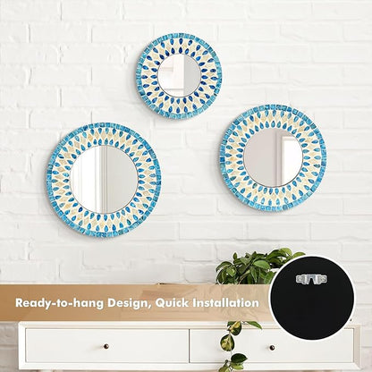 Handmade Mother of Pearl Mirror for Wall Decor, 3PCS Round Decorative Mirrors for Beach Nautical Home Hotel Coffee Shop, Natural Plate Art Hanging Sculpture for Dorm Apartment Entryway (Blue)