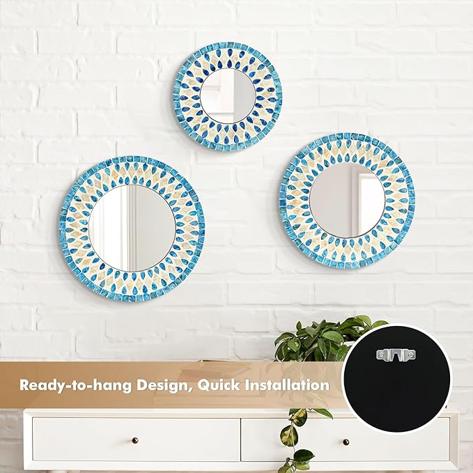 Handmade Mother of Pearl Mirror for Wall Decor, 3PCS Round Decorative Mirrors for Beach Nautical Home Hotel Coffee Shop, Natural Plate Art Hanging Sculpture for Dorm Apartment Entryway (Blue)