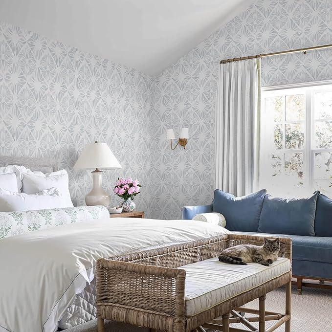 Blue Wallpaper Coastal Peel and Stick Wallpaper Boho 393"x17.3" Blue and White Wall Paper Geometric Contact Paper Textured Removable Vinyl Waterproof for Bathroom Bedroom Farmhouse Kitchen