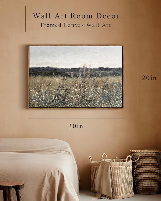 InSimSea Framed Canvas Wall Art Vintage Decor, Large Wall Art, Meadow with Flowers Landscape Wall Art Prints, Modern Farmhouse Cottagecore Bedroom Bathroom Office Decoration, 20