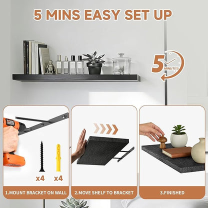 Floating Shelves Set of 3, 15.7 Inch Wall Mounted Wooden Shelf, Small Hanging Shelf for Home Decor, Books and Storage, Organizer for Bedroom, Bathroom, Kitchen, Black