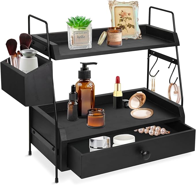 Coffee Bar Accessories and Organizer Countertop, Coffee Station Organizer 2 Tier Counter Shelf with Drawer, Condiment Storage Cup Lid Holder Countertop Shelf for Bathroom,Kitchen