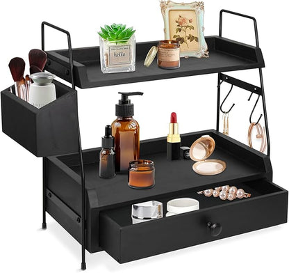 Coffee Bar Accessories and Organizer Countertop, Coffee Station Organizer 2 Tier Counter Shelf with Drawer, Condiment Storage Cup Lid Holder Countertop Shelf for Bathroom,Kitchen