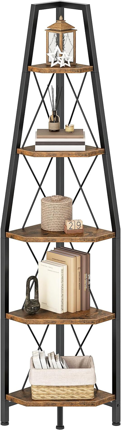 5-Tier Corner Shelf, Corner Bookshelf, Ladder Shelf, Floor Standing Storage Rack, Open Display Stand, Plant Stand, for Living Room, Bedroom, Study, Bathroom, Rustic Brown and Black TCJ22BF