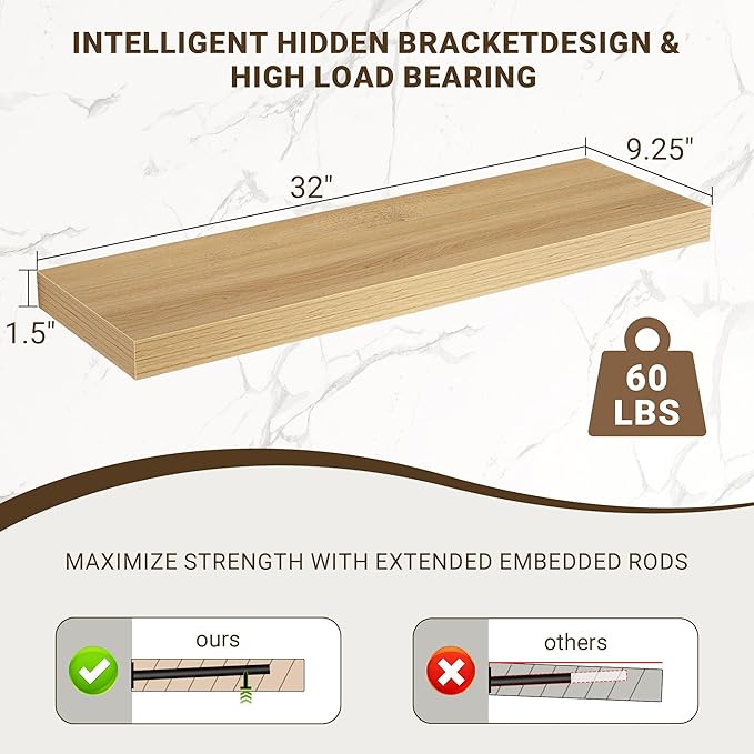 32 Inch Floating Shelves, 3D Textured Wood Grain, 32