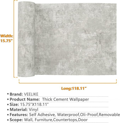 VEELIKE 15.7''x118'' Concrete Wallpaper Peel and Stick Textured Limewash Wallpaper for Bedroom Bathroom Wall Removable Self Adhesive Concrete Contact Paper for Countertops Waterproof Cement Wall Paper
