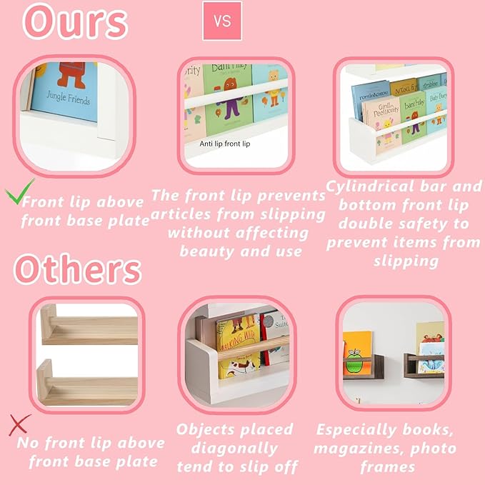 White Nursery Floating Shelves Set of 3– Wall Mounted Kids Bookshelf & Toy Organizer – 16 Inch Rustic Pine Hanging Display Book Shelves for Bedroom, Playroom, and Baby Decor