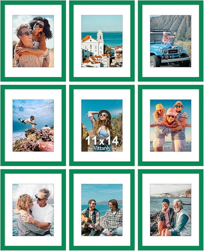 Vittanly 11x14 Picture Frames Set of 9, Shatter Resistant Plexiglass, Display 8x10 Pictures with Mat or 11x14 without Mat, Photo Frames for Wall or Tabletop, Engineered Wood, Green