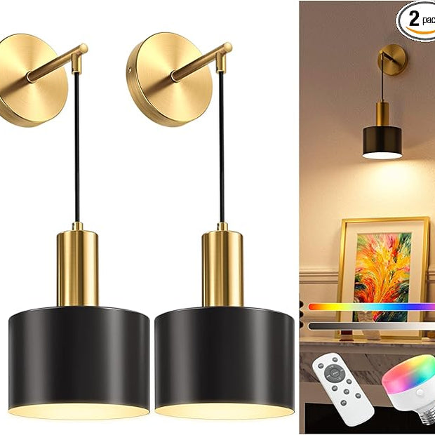 NIORSUN Battery Operated Wall Sconce Set of 2, Gold & Black Wireless Rechargeable Wall Lights with 5200mAh Dimmable Detachable Bulbs and Remote, 9 Colors Sconces Wall Decor for Bedroom Living Room