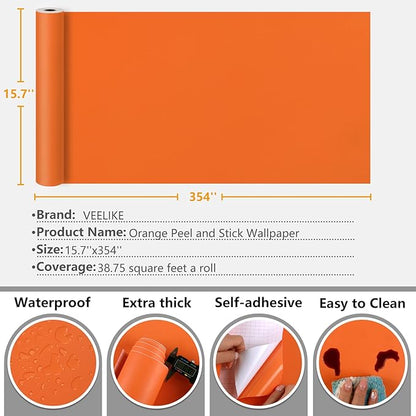 VEELIKE 15.7''x354'' Orange Peel and Stick Wallpaper Boho Removable Thick Orange Contact Paper for Cabinets Countertops Waterproof Solid Color Stick on Wallpaper for Bedroom Bathroom Walls Furniture