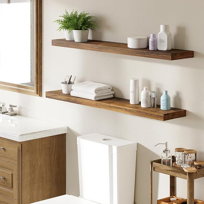 BAMEOS Floating Shelves,40 in W x 7in D Wall Mounted Wooden Shelves with Invisible Brackets Set of 2, Hanging Wall Shelves Decoration for Bedroom, Bathroom, Living Room and Kitchen,Rustic Brown