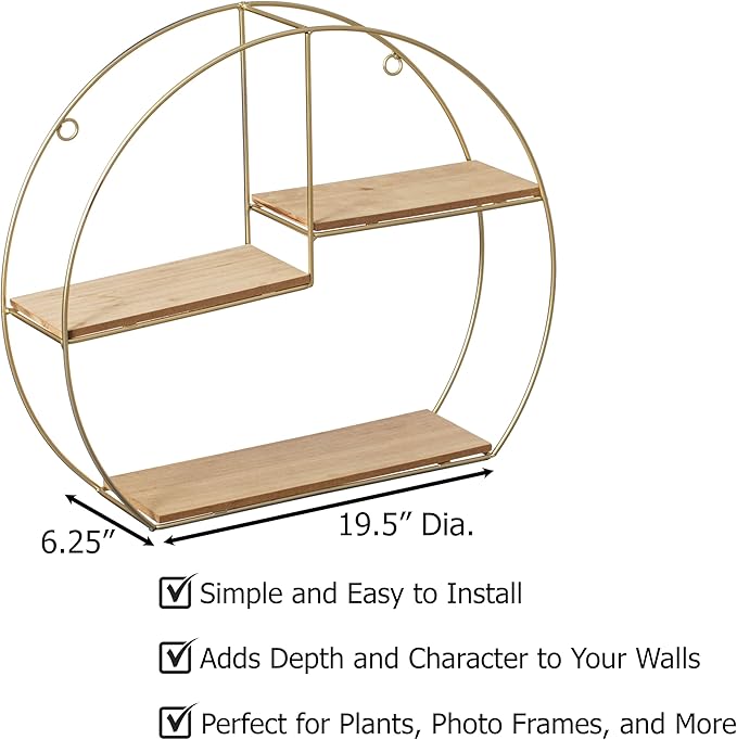 Vintiquewise Elegant 3-Tier Decorative Floating Geometric Arc Wall Shelf - Semi-Circular Metal and Wood Wall-Mounted Shelf for Entryway, Bathroom, Bedroom, and Living Room Decor, Gold Finish
