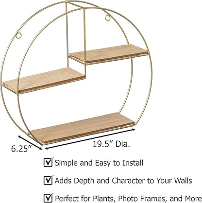 Vintiquewise Elegant 3-Tier Decorative Floating Geometric Arc Wall Shelf - Semi-Circular Metal and Wood Wall-Mounted Shelf for Entryway, Bathroom, Bedroom, and Living Room Decor, Gold Finish