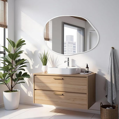 Large Asymmetrical Wall Mirror Aluminum Alloy Frame Irregular Bathroom Mirrors Brushed Metal Vanity Wall Mounted Mirror for LivingRoom Bedroom Entryway Room Home Decor White 26"x37.5"