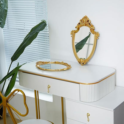 2 Pcs Vintage Gold Mirror Set Including 14.5 x 9.8 Inch Oval Decorative Jewelry Tray 16.3 x 11.2 Inch Antique Wall Mirror Gold Shield Shape Victorian Decor for Bedroom Bathroom Wedding