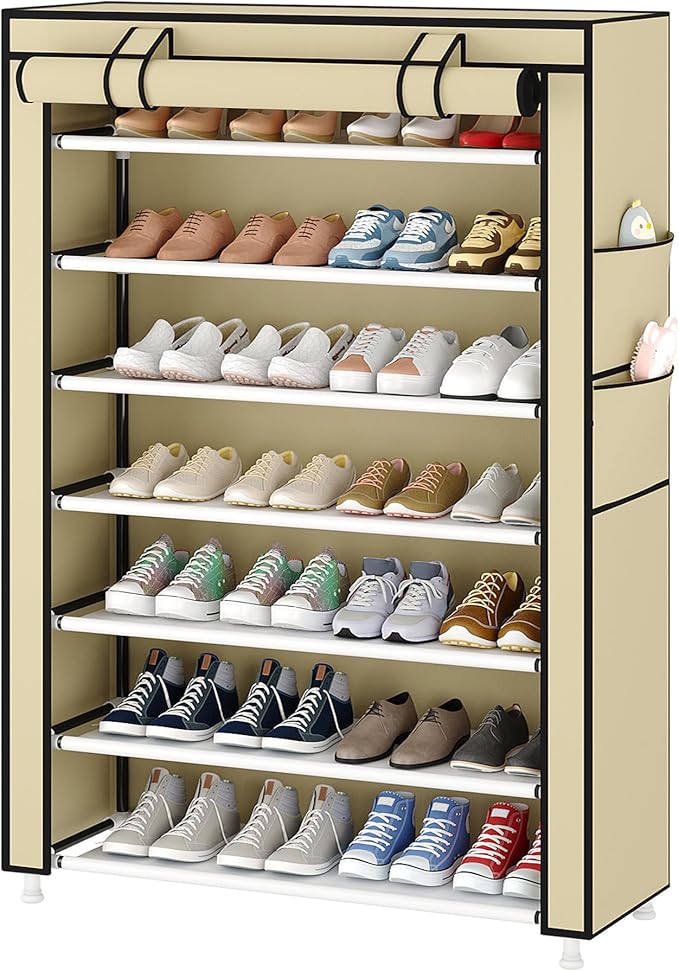 Laiensia 7-Tier Vertical Shoe Rack Organizer, Space Saving Shoe Storage Organizer, Non-Woven Cover Shoe Shelf Holds 28-35 Pairs for Bedroom, Hallway, Closet Entryway, Beige