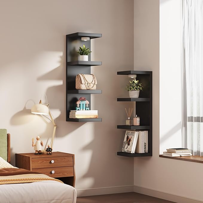 4-Tier Wall Shelf Unit with USB Rechargeable Led Light (Remote Controlled),Versatile Floating Display Shelves,Lack Style Wall Shelves for Bedroom,Living Room,Office Decor,Vanity-Black