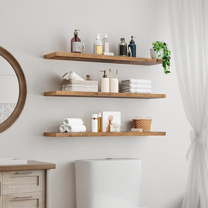 Floating Shelves for Wall, 1.5" Thick Wall Shelf Set of 3 with Invisible Bracket, L39.4 x W7.9 Hanging Shelves Farmhouse Home Decor for Bathroom, Living Room, Bedroom Rustic Brown 10301BJP3BF